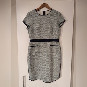 LK Bennett Navy and Green Work Dress with Scooped Hem, size 10